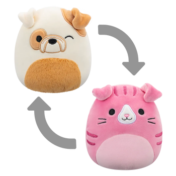 Peluche Squishmallows 2 en 1 de 13 cm Geraldine le chat écossais rose/Brock le bouledogue