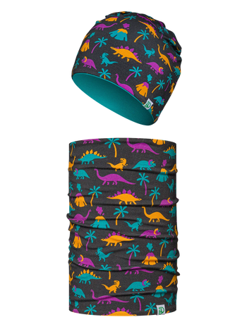 Ensemble bonnet tricoté léger / cache-cou rigolo pour enfants Dinosaures et volcans