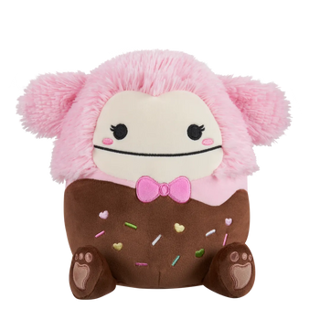 Peluche Squishmallows de 20 cm Brina le Yéti rose enrobé de chocolat portant un nœud papillon rose