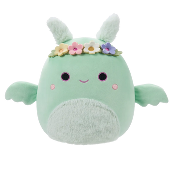Peluche Squishmallows de 20 cm Tove le Mothman vert menthe à la couronne de fleurs et au ventre pelucheux