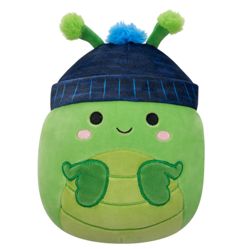 Peluche Squishmallows de 20 cm Trenton la mante religieuse verte portant un bonnet tricoté