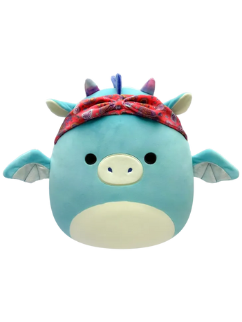 Peluche Squishmallows de 20 cm Tatiana le dragon bleu sarcelle foncé avec bandana