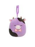 Peluche Squishmallows de 9 cm accrochable Alexie la vache violette et noire avec nœud papillon