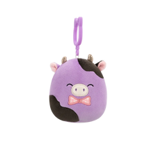 Peluche Squishmallows de 9 cm accrochable Alexie la vache violette et noire avec nœud papillon