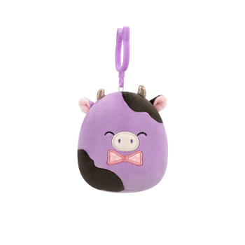 Peluche Squishmallows de 9 cm accrochable Alexie la vache violette et noire avec nœud papillon