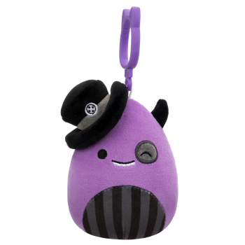Peluche Squishmallows de 9 cm Clip-On Earworm le monstre violet clignotant arborant un chapeau