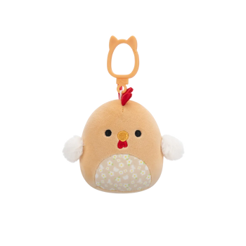 Peluche Squishmallows de 9 cm accrochable Rutie le coq brun au ventre fleuri
