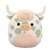 Peluche Squishmallows de 20 cm Celestino la vache des Highlands à taches vert sauge et au ventre duveteux
