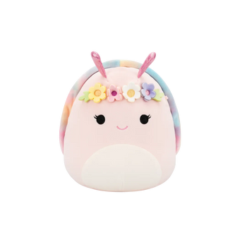 Peluche Squishmallows de 20 cm Silvina l'escargot rose avec coquille arc-en-ciel et couronne de fleurs