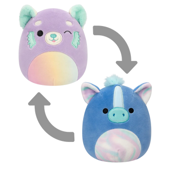 Peluche Squishmallows 2 en 1 de 13 cm Lexis le panda roux violet/Romano l’hippocampe bleu