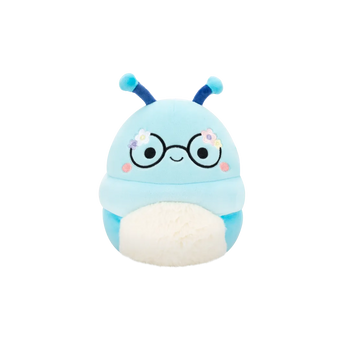 Peluche Squishmallows de 20 cm Cordelia bookworm bleue portant des lunettes décorées de fleurs