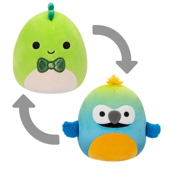 Peluche Squishmallows 2 en 1 de 13 cm Danny le dinosaure vert/Baptise l’ara bleu et jaune