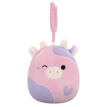 Peluche Squishmallows de 9 cm Clip-On Patty la vache rose et violette clignant de l'œil
