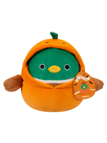 Peluche Squishmallows de 20 cm Avery le canard colvert en costume de citrouille