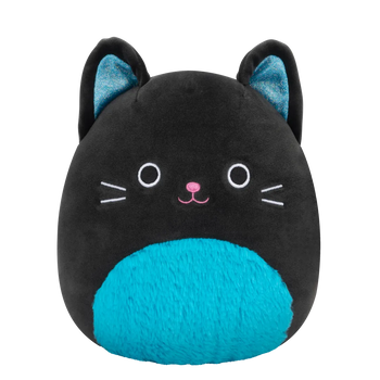 Peluche Squishmallows de 20 cm Eponine le chat noir au ventre duveteux bleu néon et aux oreilles scintillantes